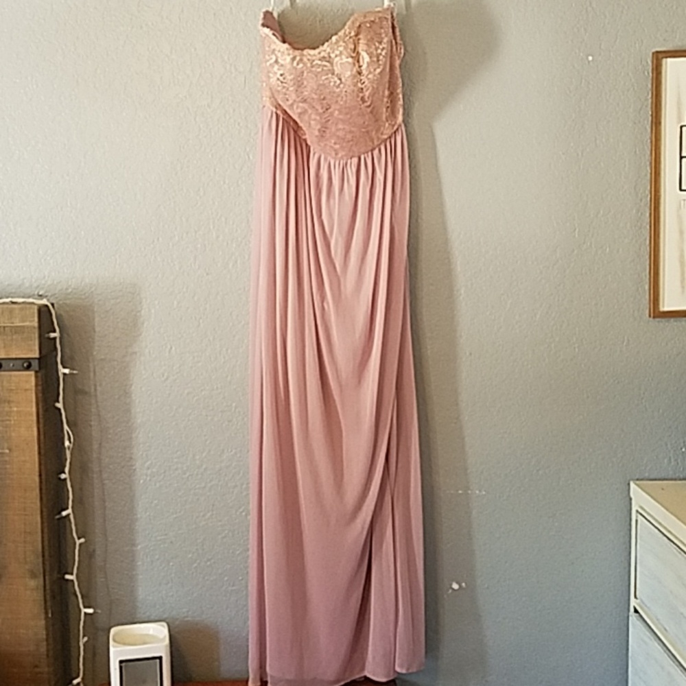 Davids Bridal long lavender dress lace top